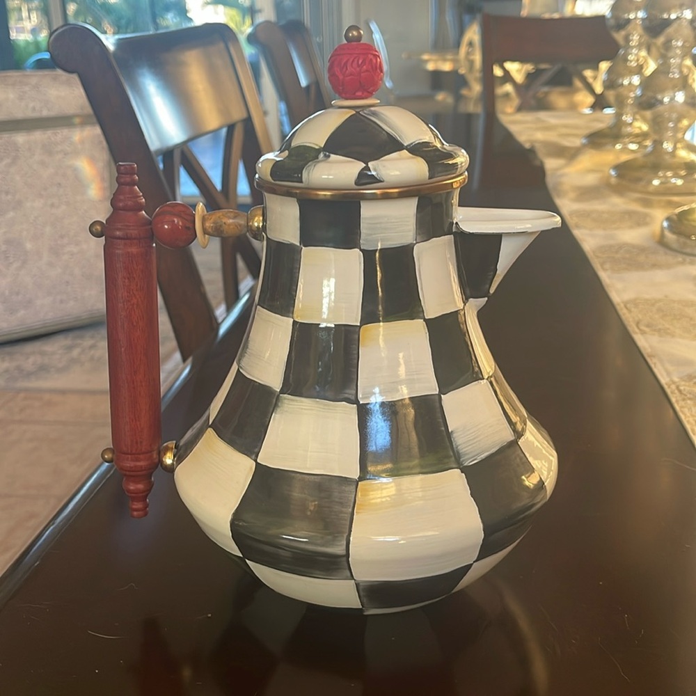 MacKenzie-Childs Checkered teapot coffeepot with wood Handle. 
Rare and vintage.